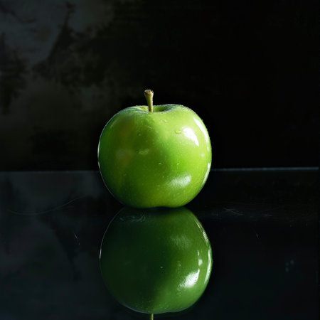 Crisp green apple on dark backgroundの素材