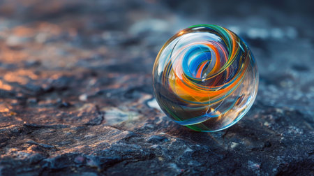 Colorful glass marble on a rocky surfaceの素材