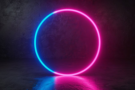 Glowing neon circle in dark roomの素材