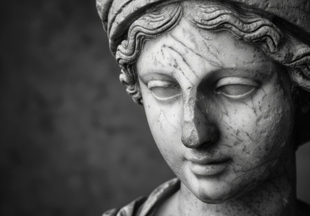 Close-up of an ancient stone statue faceの素材