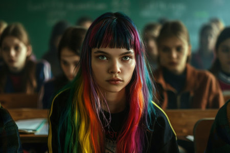 Colorful hair young woman in classroomの素材