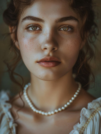 Pensive young woman with freckles and pearl necklaceの素材