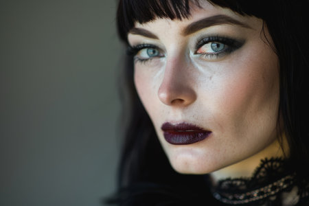 close-up portrait of a woman with dark hair and bold makeupの素材
