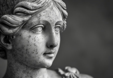 Weathered stone statue face in black and whiteの素材