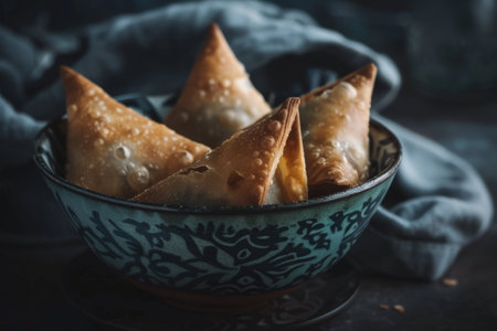 Delicious fried pastry appetizers in a decorative bowlの素材