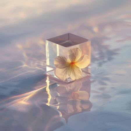 Tranquil flower in glass cube on waterの素材
