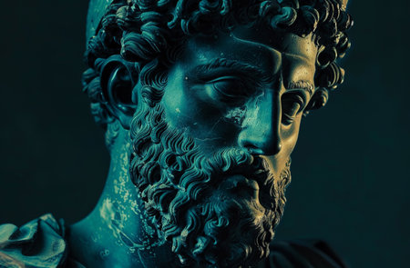Dramatic close-up of an ancient bronze statueの素材