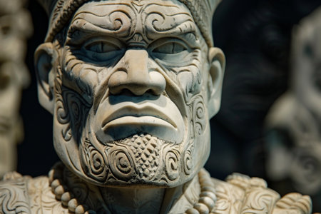 Carved stone face with intricate patterns and expressionsの素材