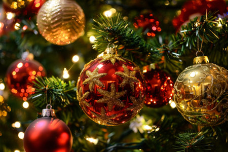 Festive christmas tree ornaments and lightsの素材