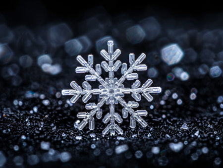 Intricate snowflake crystal on dark backgroundの素材