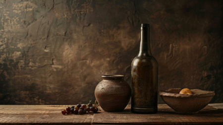 Still life with wine bottle, pottery, and grapesの素材