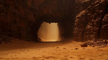 Dramatic cave entrance with glowing lightの素材