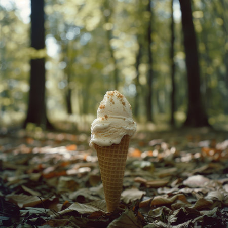 Delicious ice cream cone in autumn forestの素材