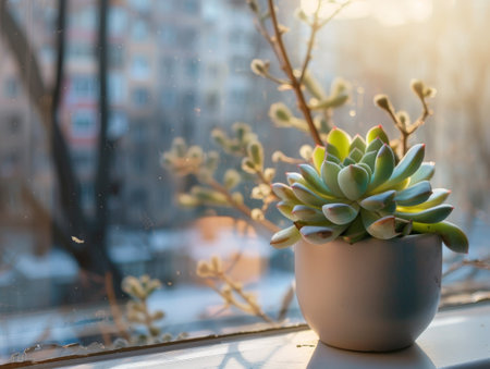 Succulent plant in a pot on a windowsillの素材