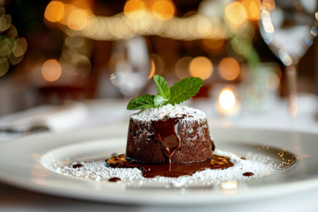 Decadent chocolate lava cake with mint garnishの素材