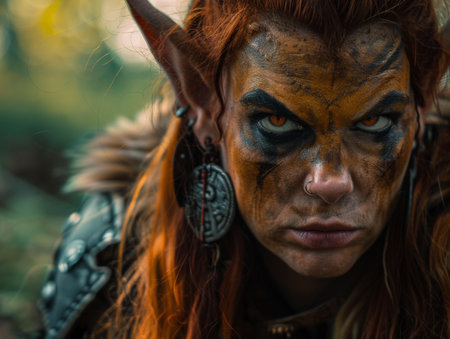 Fierce tribal warrior with face paint and feathersの素材