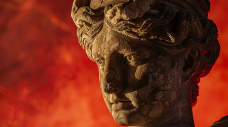 Dramatic ancient stone sculpture against fiery backgroundの素材