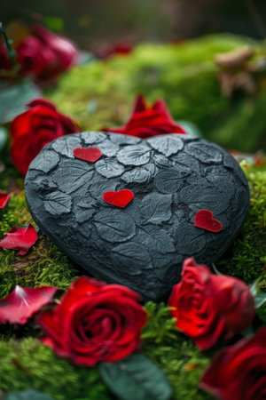 Romantic heart-shaped stone with red hearts and rosesの素材