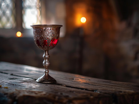 Ornate glass goblet on wooden table with candlesの素材