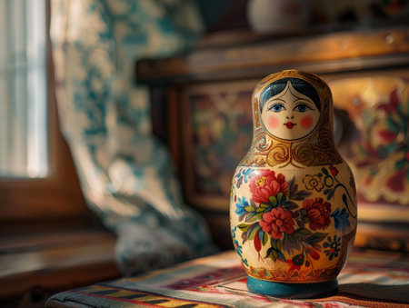 Colorful russian nesting doll on patterned fabricの素材