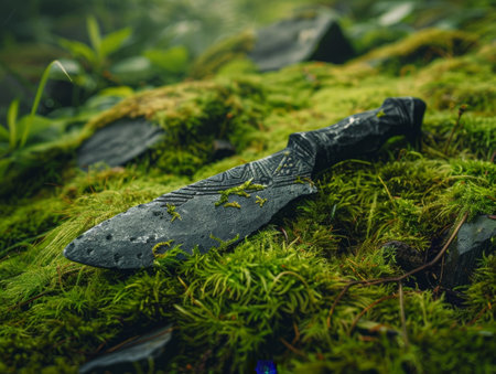 Mysterious stone artifact in lush green forestの素材