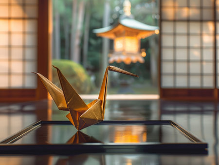 Origami crane on glass table with lantern in backgroundの素材
