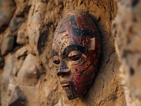 Intricate tribal mask with vibrant colors and patternsの素材