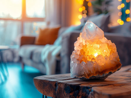 Glowing Quartz Crystal on Wooden Tableの素材