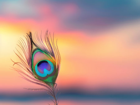 Vibrant peacock feather against colorful sunset skyの素材