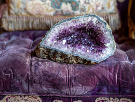 Vibrant amethyst crystal on plush purple fabricの素材
