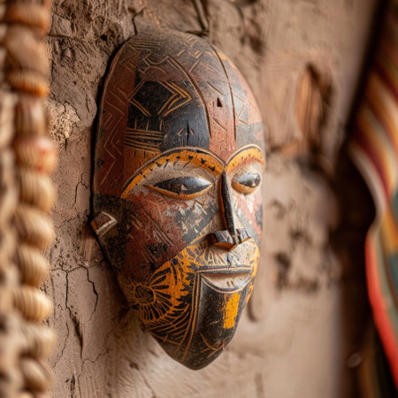 Intricate tribal mask with bold patterns and colorsの素材