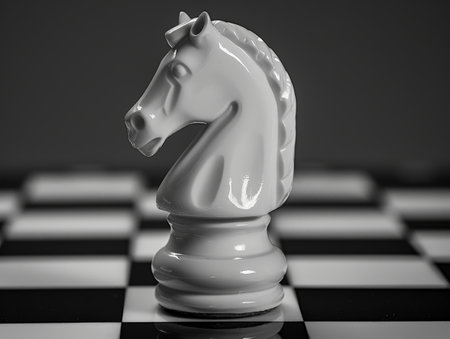 Elegant glass chess knight on chessboardの素材