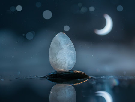 Mystical crystal egg floating on water under night skyの素材