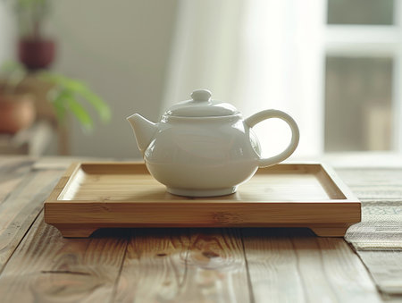 Cozy tea time with ceramic teapot on wooden trayの素材