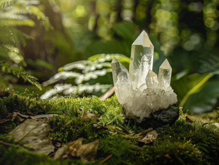 Sparkling crystal quartz cluster in lush green forestの素材