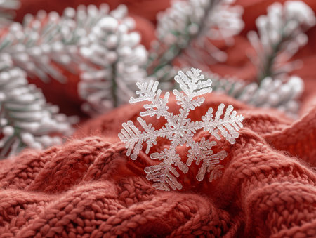 Intricate snowflake on cozy red blanketの素材
