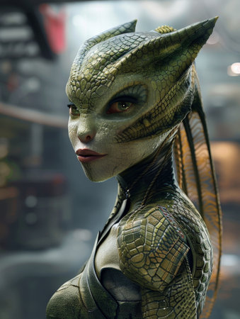 Alien warrior woman with reptilian featuresの素材