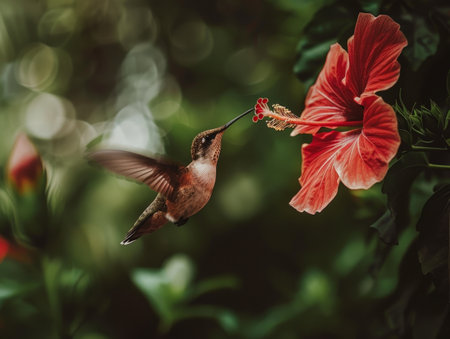 hummingbird feeding on red hibiscus flowerの素材