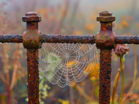 Autumn web on rusty metal fenceの素材