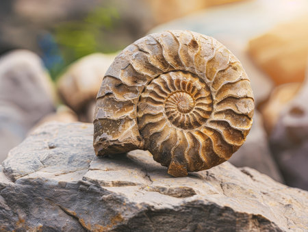 ancient ammonite fossil on rocky surfaceの素材