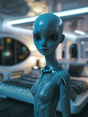 futuristic blue android robot in sci-fi settingの素材