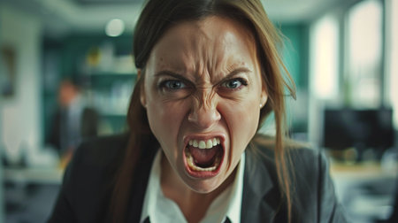 Angry businesswoman shouting in officeの素材