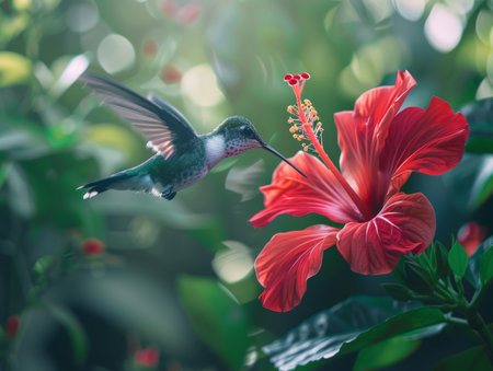 hummingbird feeding on vibrant red hibiscus flowerの素材