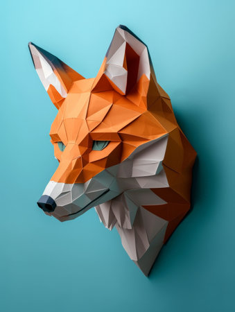 Geometric paper fox head sculpture on turquoise backgroundの素材