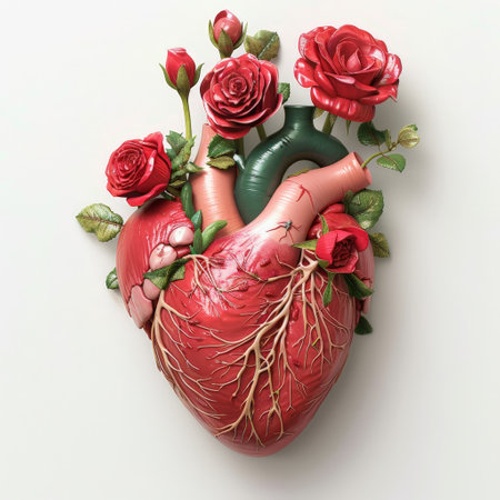 anatomical heart with red rosesの素材