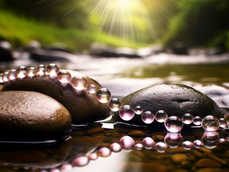 Serene nature scene with glowing sunlight and water dropletsの素材