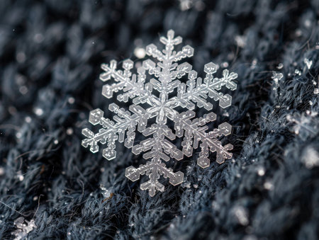 Intricate snowflake crystal on dark backgroundの素材