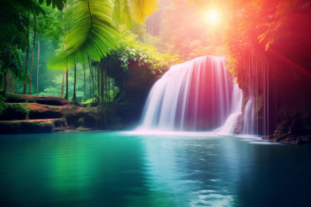 Stunning tropical waterfall in lush green forestの素材