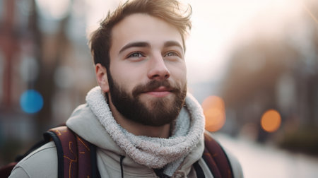 Handsome young man with beard and scarfの素材