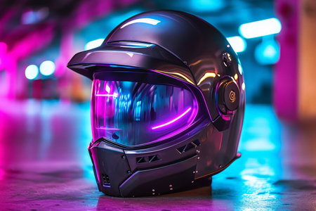 Futuristic motorcycle helmet with colorful lightingの素材